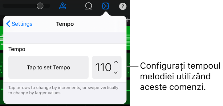 Configurări melodie, inclusiv comenzile pentru tempo