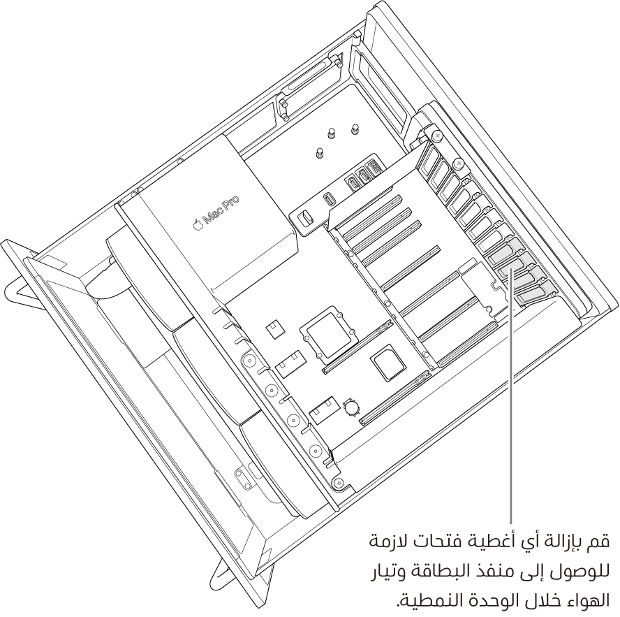 قم بإزالة أي أغطية فتحات لازمة للوصول إلى منفذ البطاقة وتيار الهواء خلال الوحدة النمطية.