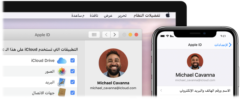 جهاز iPhone يعرض إعدادات iCloud وشاشة Mac تعرض نافذة iCloud.