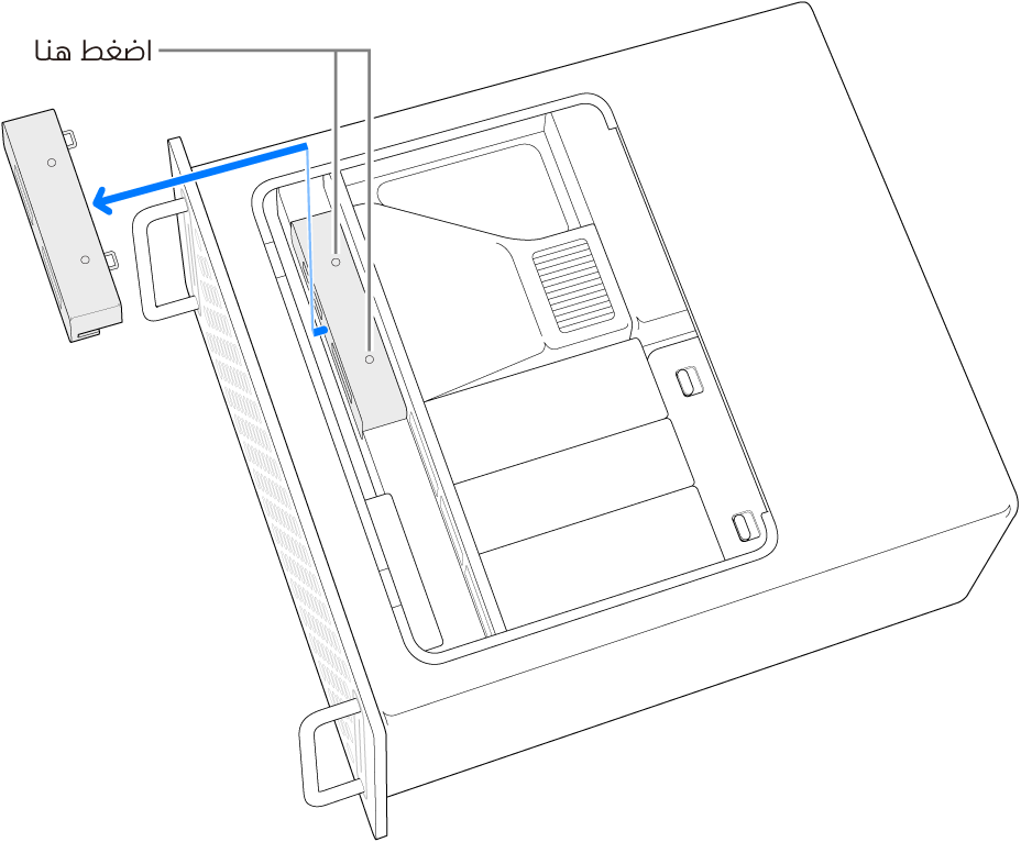 كمبيوتر Mac Pro موضوع على جانبه، مع توضيح المكان الذي يتم الضغط عليه لإزالة غطاء SSD.