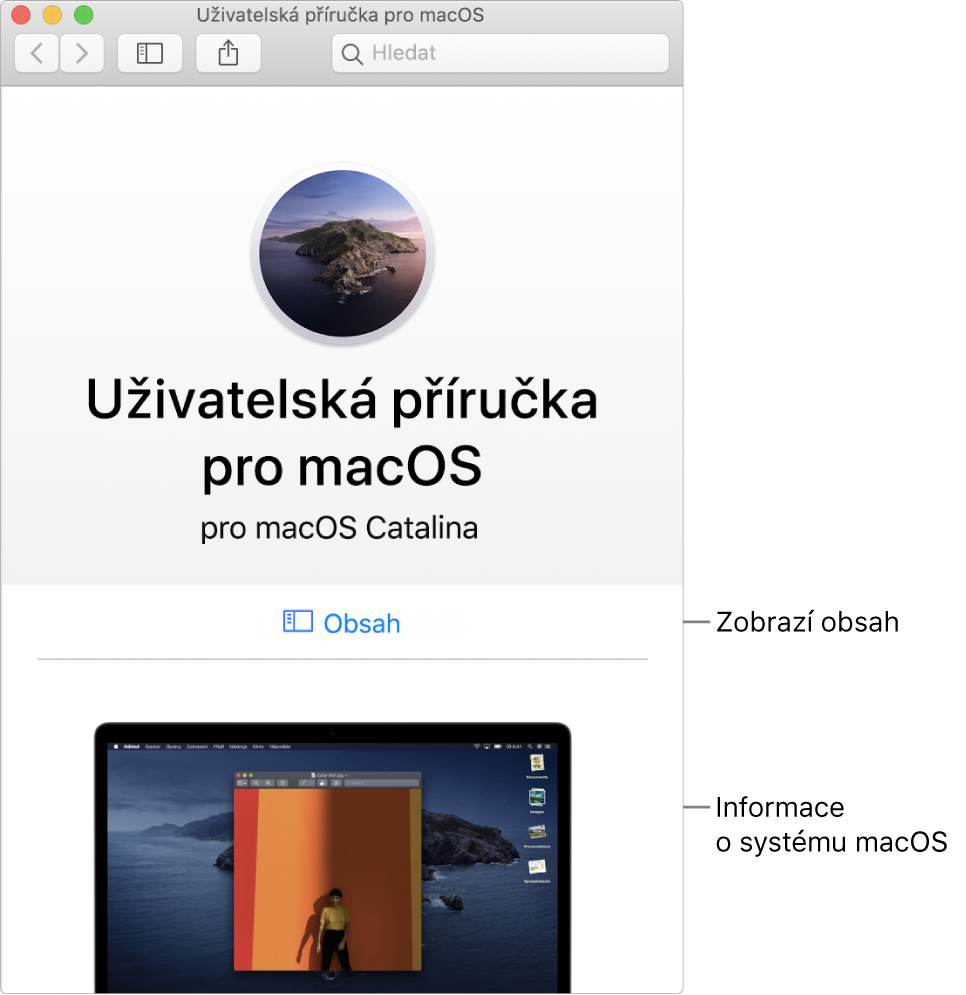 Úvodní stránka Uživatelské příručky pro macOS s odkazem na obsah