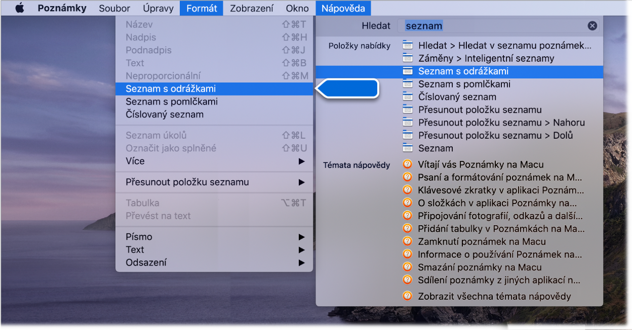 Nabídka nápovědy s hledáním textu „seznam“ a se zvýrazněným příkazem „Seznam s odrážkami“ v seznamu výsledků a v nabídce Formát