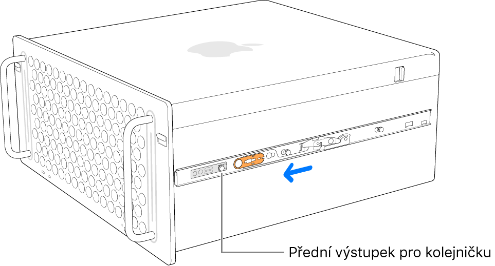 Zajištění kolejničky na boku Macu Pro posunutím dopředu