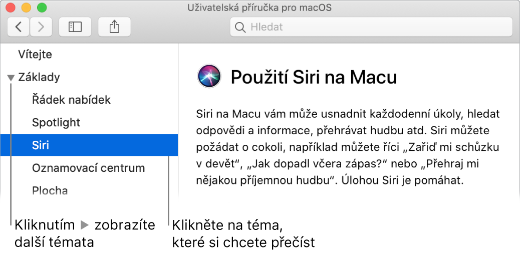 Prohlížeč nápovědy s informacemi o tom, jak zobrazit témata uvedená na bočním panelu a jak otevřít obsah tématu