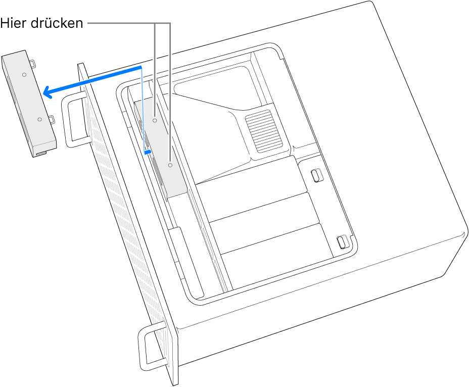 Mac Pro liegt auf der Seite und es wird gezeigt, wo gedrückt werden muss, um die SSD-Abdeckung zu entfernen.