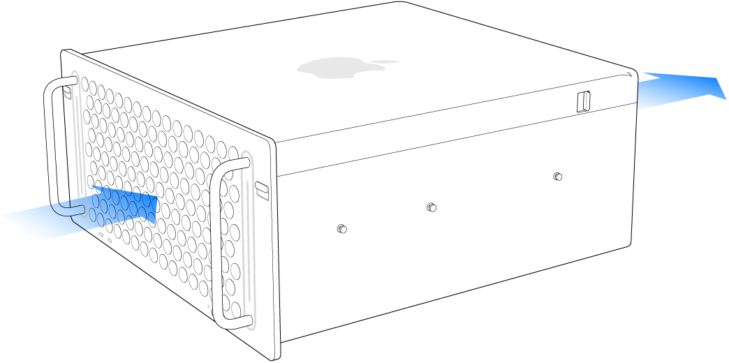 Mac Pro όπου εμφανίζεται ο τρόπος ροής του αέρα από τα μπροστά προς τα πίσω.