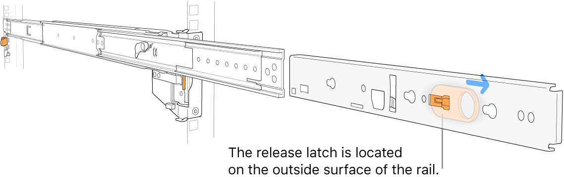 An extended rail assembly highlighting the release latch on the outside surface of the rail.