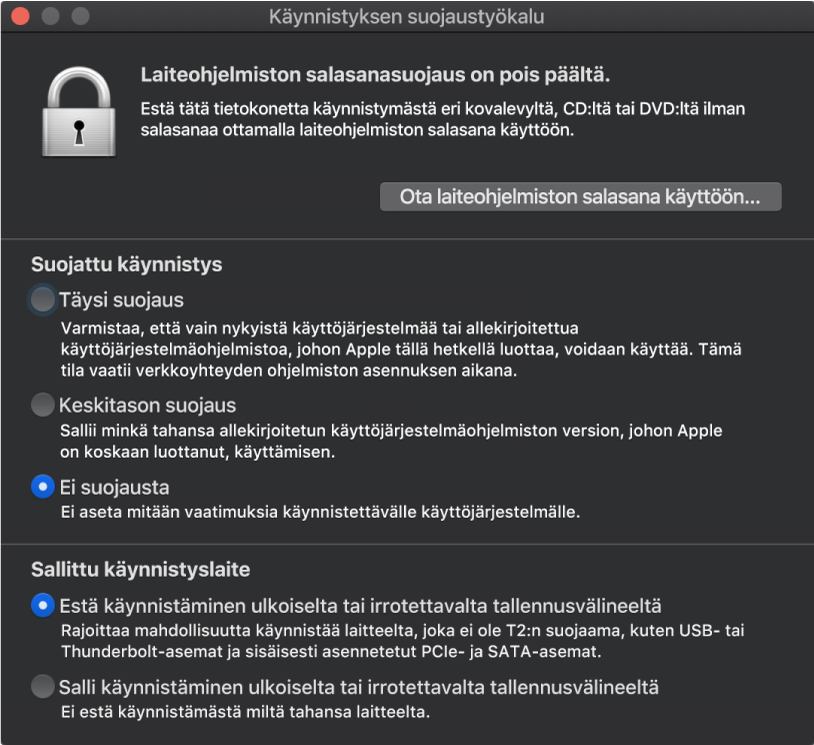 Käynnistyksen suojaustyökalun ikkuna on avoinna ja sekä suojatun että ulkoisen käynnistyksen vaihtoehto on valittuna.