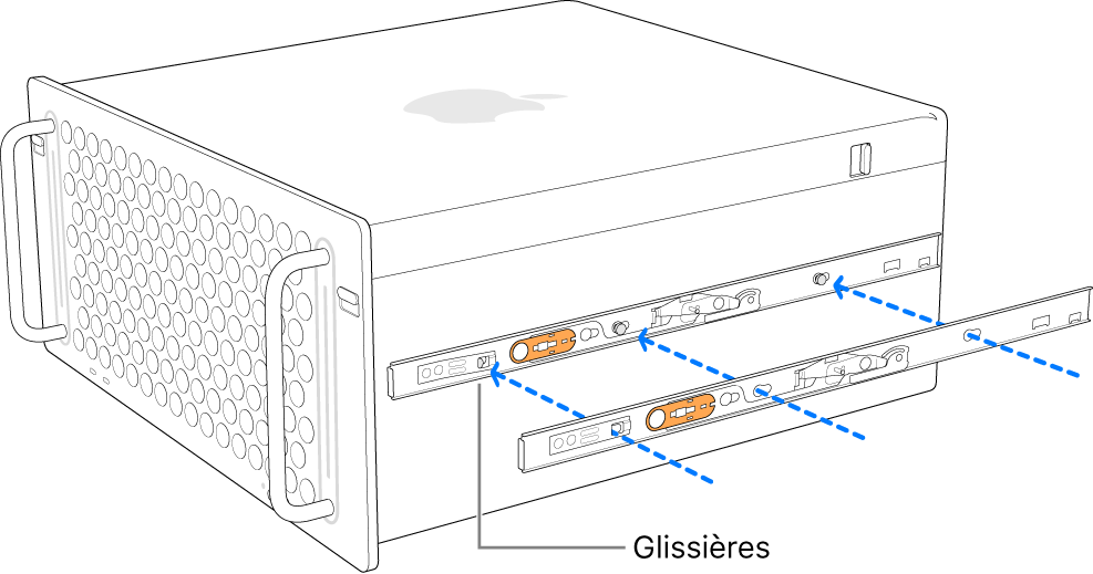 Le Mac Pro avec un rail intérieur étant fixé à son bord.