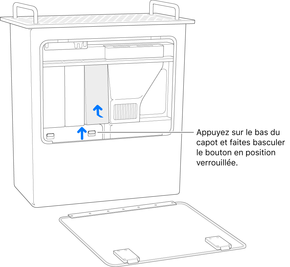 Mac Pro reposant sur son extrémité, montrant comment placer le bouton du DIMM en position verrouillée.