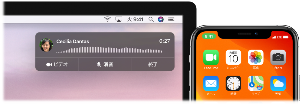 Macの画面右上隅に着信通知ウインドウが表示されており、iPhoneにはMacで通話が行われていることが示されています。