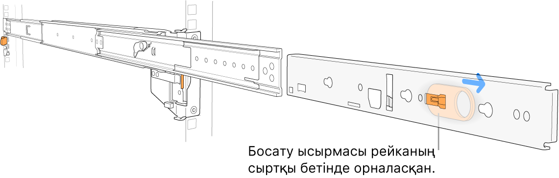 Рейканың сыртқы бетіндегі босату ысырмасын бөлектеп тұрған кеңейтілген рейка жинағы.