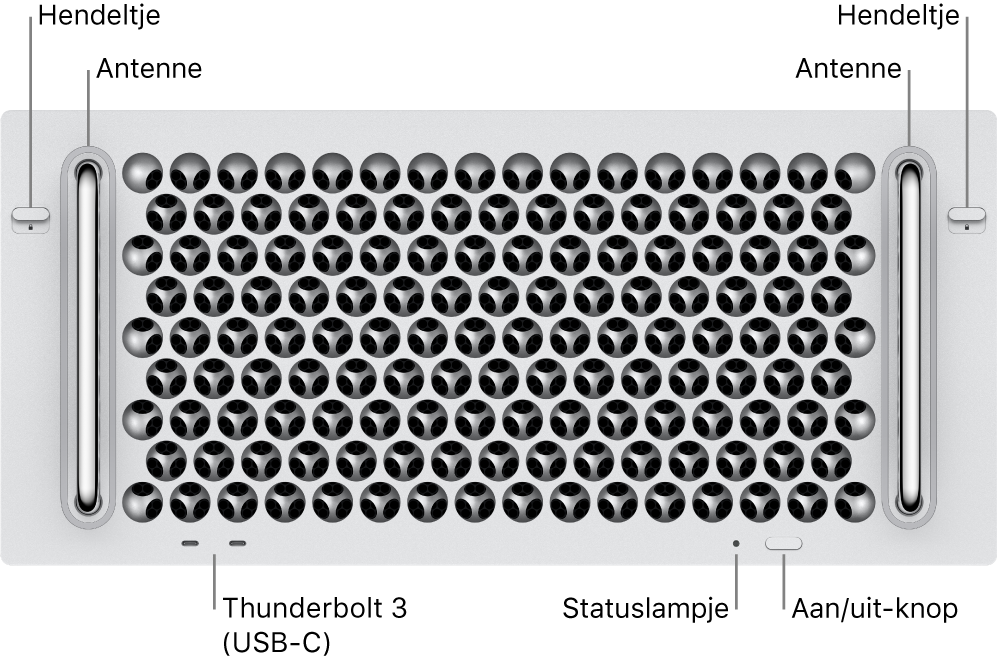 De voorkant van de Mac Pro met twee Thunderbolt 3-poorten (USB-C), een statuslampje, aan/uit-knop en antenne.