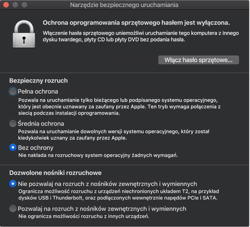 Otwarte okno aplikacji Narzędzie bezpiecznego uruchamiania z zaznaczoną opcją bezpiecznego uruchamiania oraz opcją uruchamiania z urządzenia zewnętrznego.