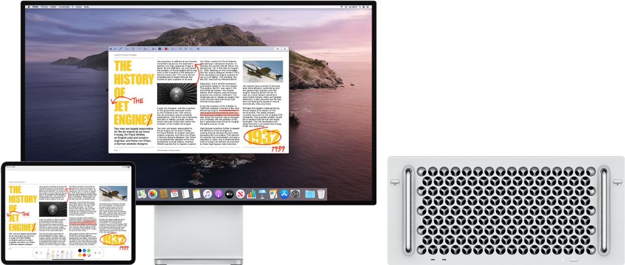 Um Mac Pro e um iPad lado a lado. Ambos os ecrãs mostram um artigo coberto de edições a vermelho, como frases rasuradas, setas e palavras adicionadas. O iPad também tem controlos de marcação na parte inferior do ecrã.