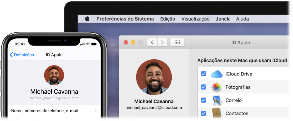 Um iPhone a mostrar as definições de iCloud e o ecrã de um Mac a mostrar a janela de iCloud.