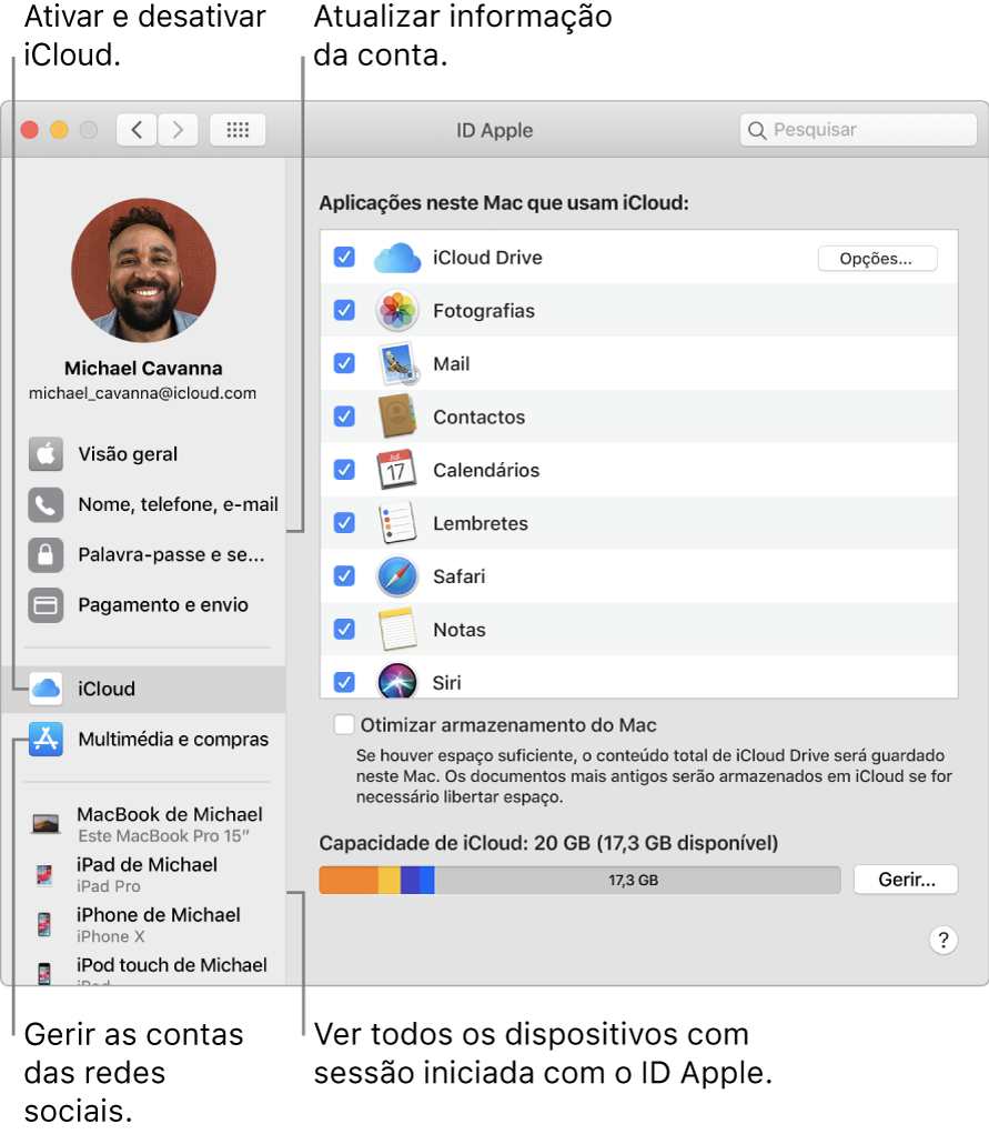 O painel ID Apple nas Preferências do Sistema. Clique num elemento na barra lateral para atualizar as informações da conta, ativar ou desativar iCloud, gerir contas multimédia e ver todos os dispositivos com sessão iniciada com o seu ID Apple.