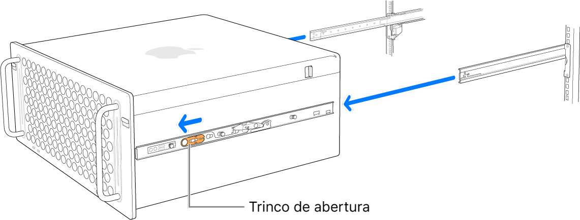 Mac Pro a ser removido das calhas que estão fixas a um suporte.