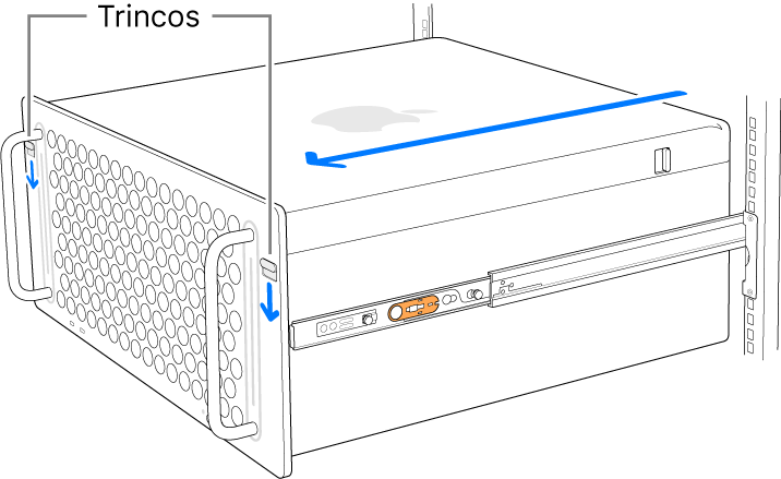 Mac Pro apoiado nas calhas fixas a um suporte.