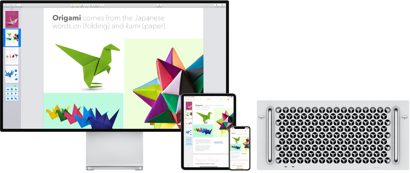 Conteúdo idêntico apresentado num Mac Pro, num iPad e num iPhone.