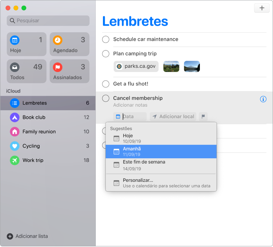 Uma janela de Lembretes com os botões de edição visíveis para um lembrete. O cursor está em Data, o que cria um menu com as sugestões Hoje, Amanhã, “Este fim de semana” e Personalizar.