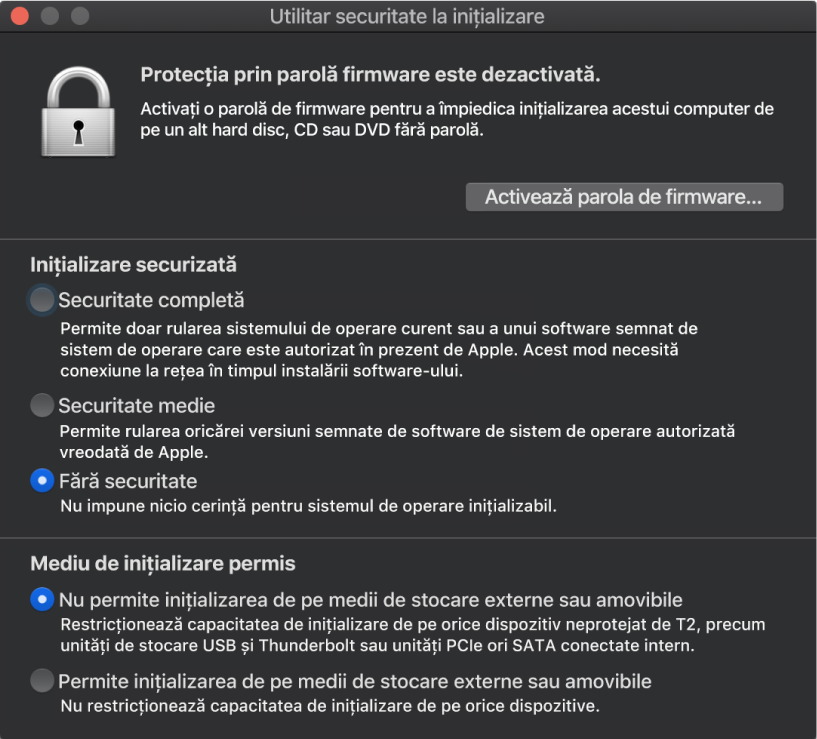 Fereastra Utilitar securitate la inițializare este deschisă și sunt bifate o opțiune pentru securitate la inițializare și o opțiune pentru inițializare externă.