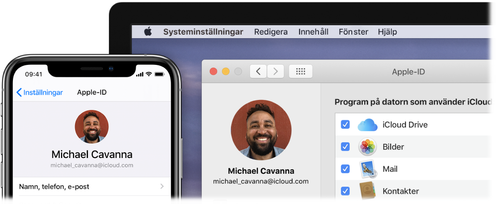 En iPhone som visar iCloud-inställningar och en Mac-skärm som visar iCloud-fönstret.