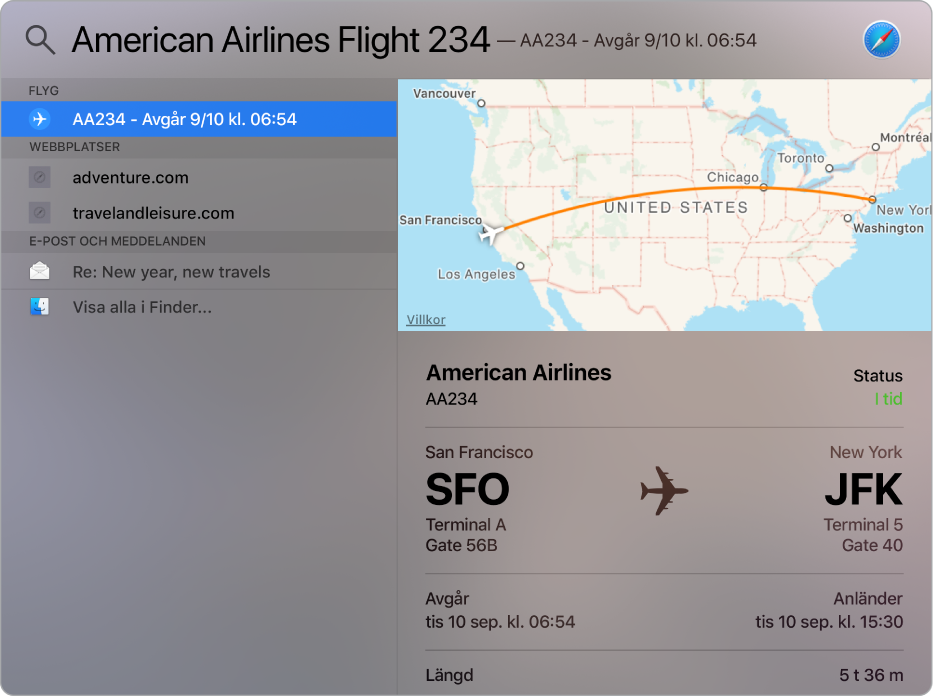 Spotlight-fönstret som visar en karta och flyginformation för flyget som du sökte efter.