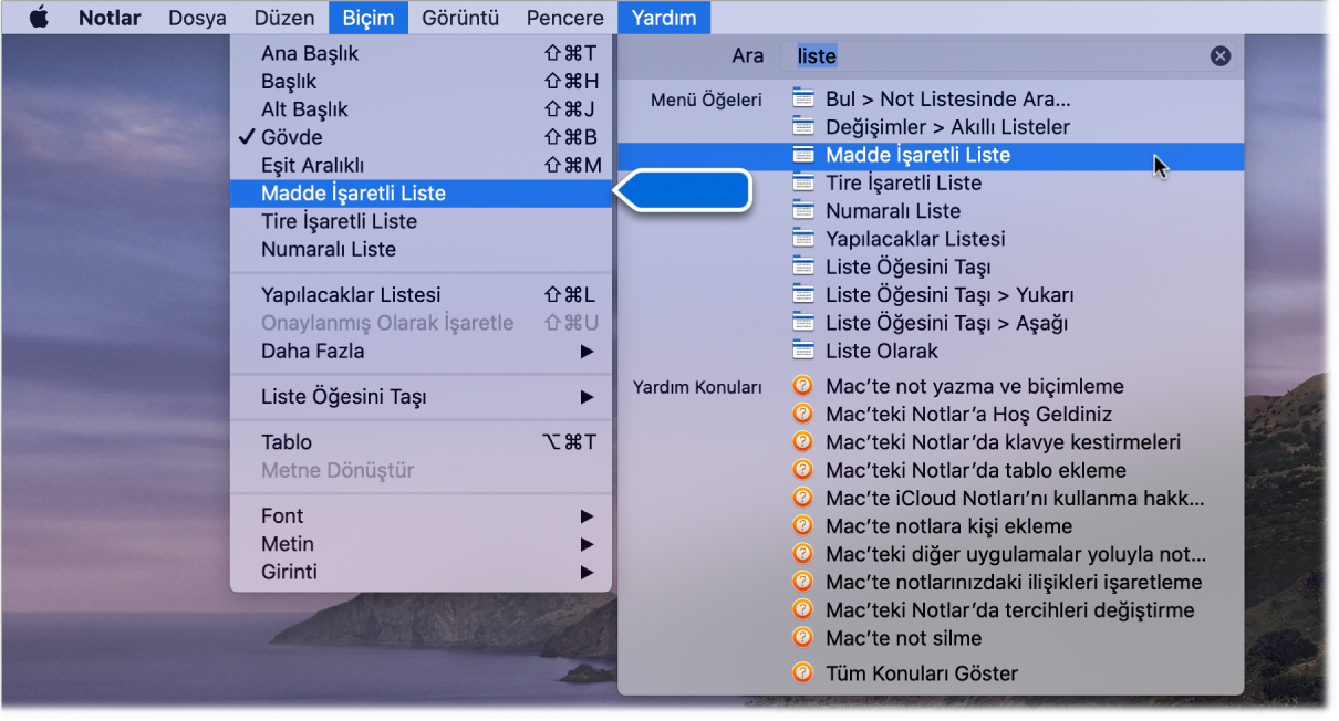Sonuçlar listesinde ve Biçim menüsünde Madde İşaretli Liste komutunun vurgulandığı bir “liste” aramasını gösteren Yardım menüsü.