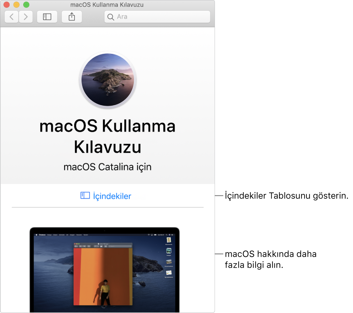 İçindekiler bağlantısını gösteren macOS Kullanma Kılavuzu hoş geldiniz sayfası.