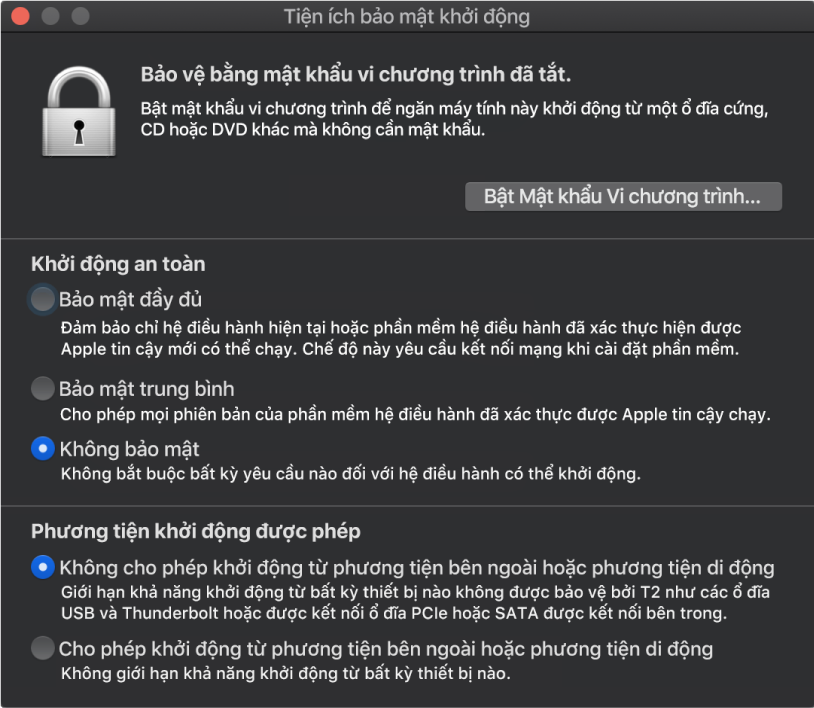 Cửa sổ Tiện ích bảo mật khởi động được mở với một tùy chọn được chọn cho khởi động an toàn và một tùy chọn được chọn cho khởi động bên ngoài.