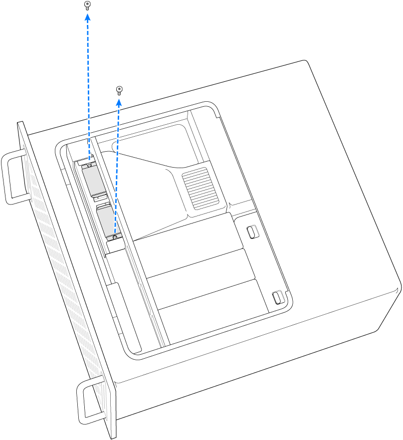 侧放的 Mac Pro，显示了正在被移除的两个螺钉。