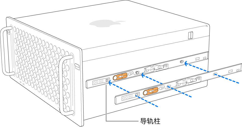 内部导轨正在连接到其侧面的 Mac Pro。