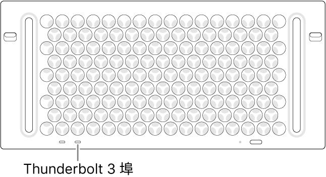 Mac Pro 的頂端，指出要使用的正確 Thunderbolt 3 埠。