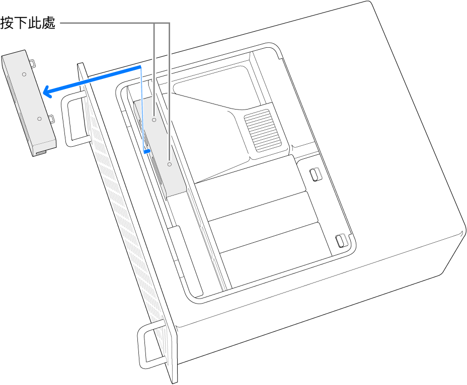 橫放的 Mac Pro，顯示按下以卸除 SSD 護蓋的位置。