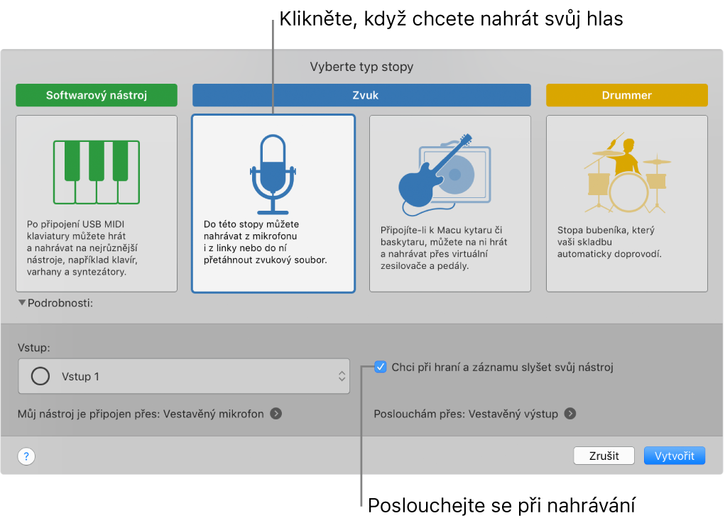 Panel nástrojů GarageBandu s popisky ukazujícími, kam je třeba kliknout, chcete‑li nahrávat hlas nebo zapnout odposlech při nahrávání