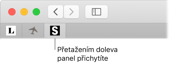 Okno Safari s informacemi o tom, jak přišpendlit panel na řádek panelů