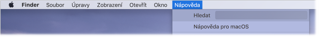 Část plochy s otevřenou nabídkou Nápověda, obsahující volby Hledat a Nápověda pro macOS