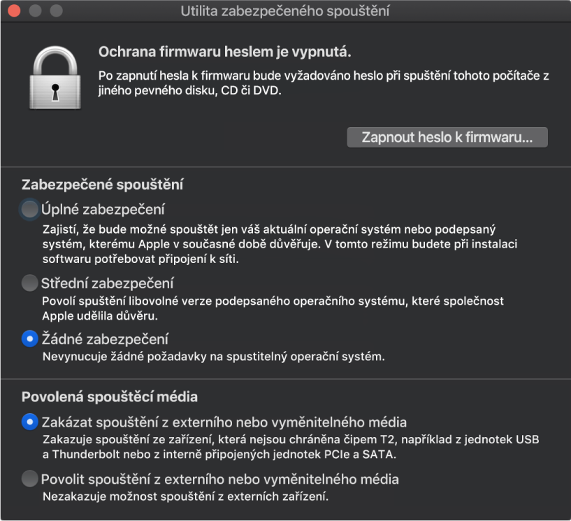 Otevřené okno Utility zabezpečeného spouštění se zaškrtnutými volbami zabezpečeného spouštění a externího spouštění