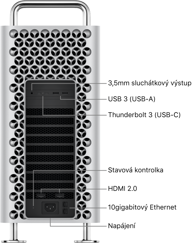 Boční pohled na Mac Pro s 3,5mm sluchátkovým portem, dvěma porty USB-A, dvěma porty Thunderbolt 3 (USB‑C), stavovou kontrolkou, dvěma porty HDMI 2.0, dvěma porty 10gigabitového Ethernetu a napájecím konektorem