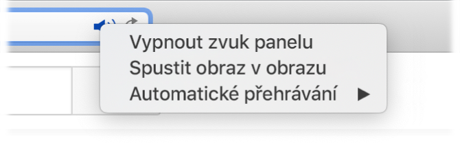 Podnabídka ikony Zvuk s položkami Vypnout zvuk panelu, Spustit obraz v obrazu a Automatické přehrávání.