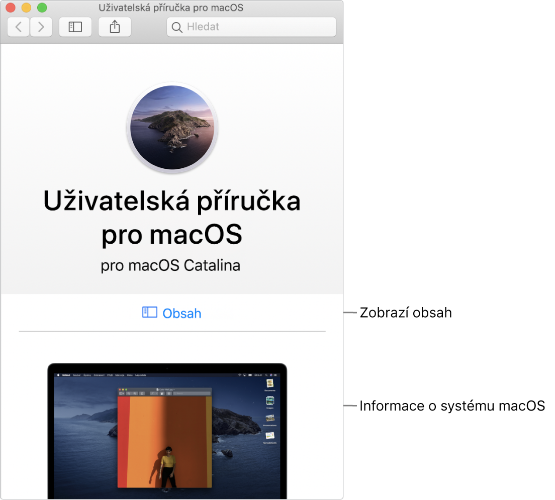 Úvodní stránka Uživatelské příručky pro macOS s odkazem na obsah