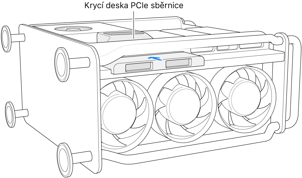 Mac Pro položený na boku; uvnitř je vidět držák PCIe a kryt SSD