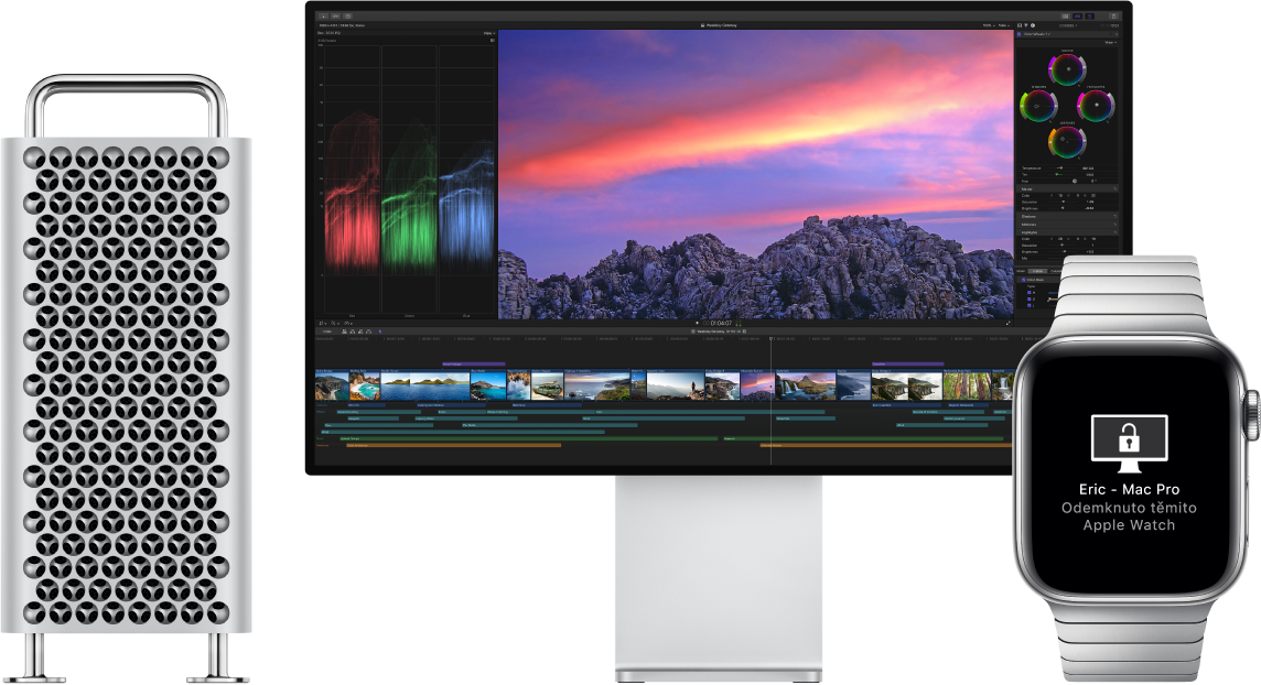 Mac Pro s monitorem a hodinky Apple Watch se zprávou, že Mac byl pomocí hodinek odemčen