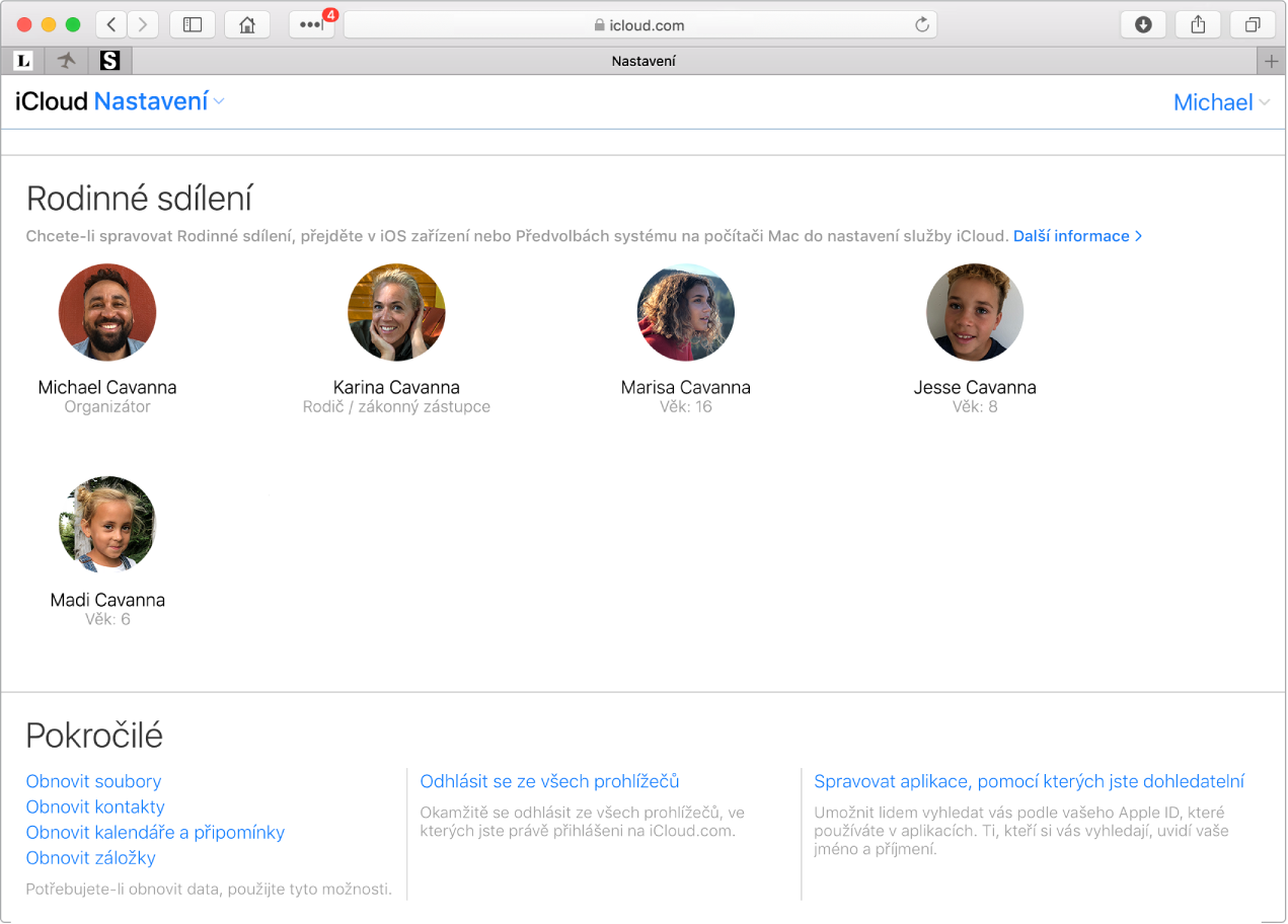 Okno Safari s nastavením rodinného sdílení na webových stránkách iCloud.com
