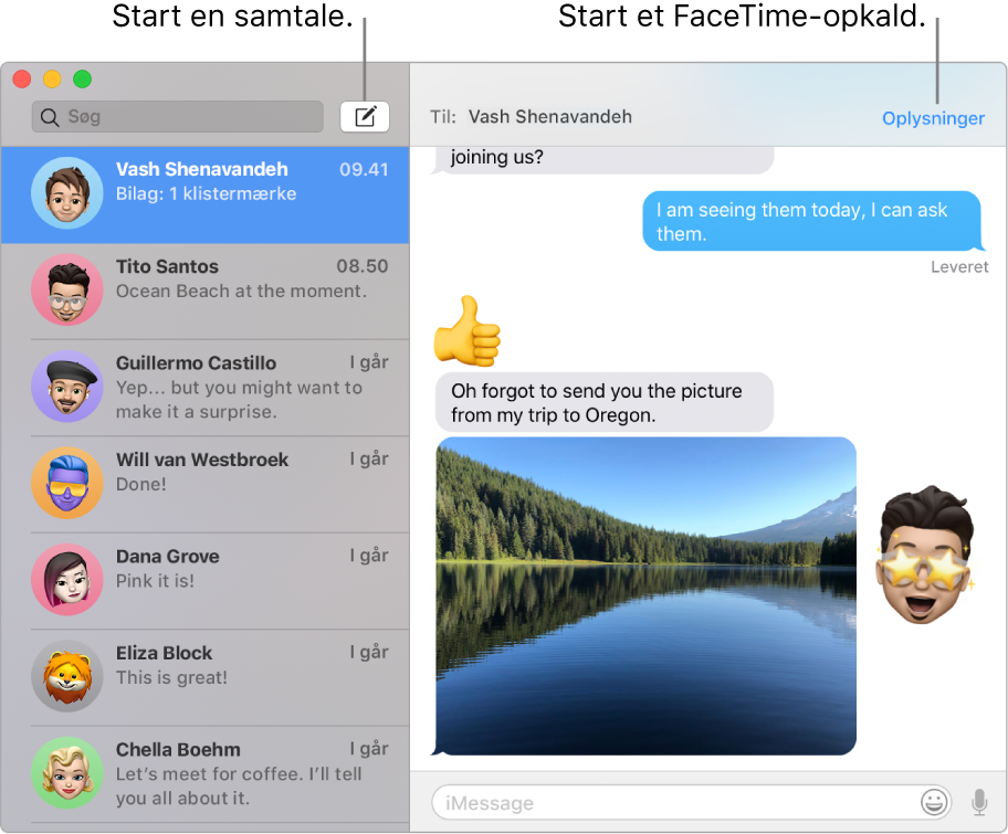 Et vindue i Beskeder, der viser, hvordan du starter en samtale og et FaceTime-opkald.