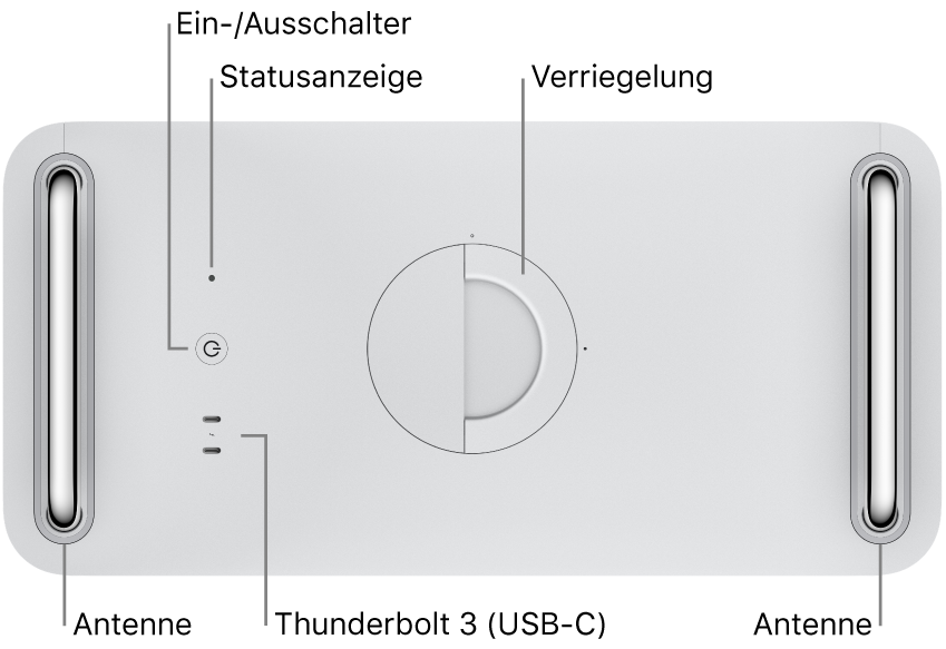 Der Mac Pro von oben mit Ein-/Ausschalter, Betriebsanzeige, Verriegelung, Antenne und zwei Thunderbold 3-Anschlüssen (USB-C).