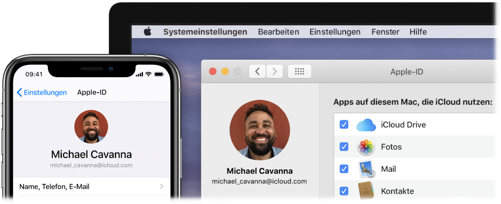 Ein iPhone, auf dem die iCloud-Einstellungen zu sehen sind, und ein Mac-Bildschirm mit dem iCloud-Fenster