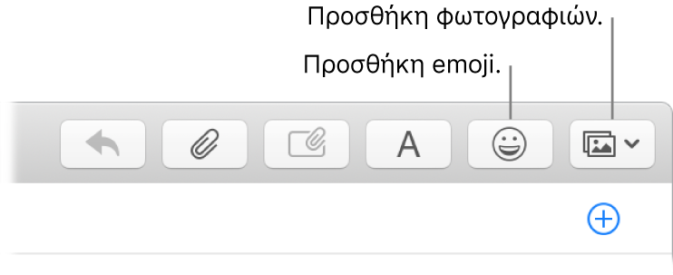 Παράθυρο σύνθεσης όπου εμφανίζονται τα κουμπιά emoji και φωτογραφιών.