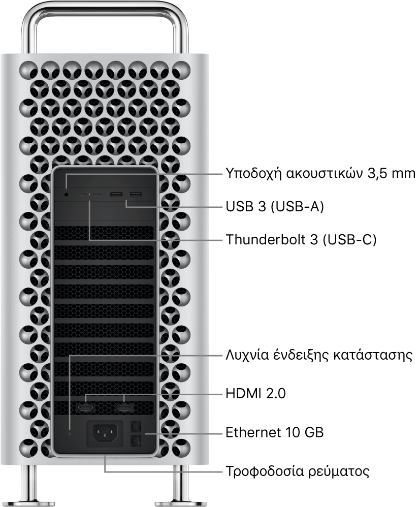 Μια πλαϊνή προβολή του Mac Pro, όπου φαίνονται η υποδοχή ακουστικών 3,5 χλστ., δύο θύρες USB-A, δύο θύρες Thunderbolt 3 (USB-C), μια ενδεικτική λυχνία κατάστασης, δύο θύρες HDMI 2.0, δύο θύρες Ethernet 10 Gigabit και η θύρα τροφοδοσίας.